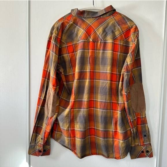 Carbon Men’s Orange/Tan Plaid Corduroy Elbow Long Sleeve Button Down Shirt-Large - Picture 2 of 7